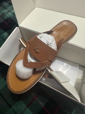 Ralph Lauren Tan Leather Thong Sandal with RL Logo